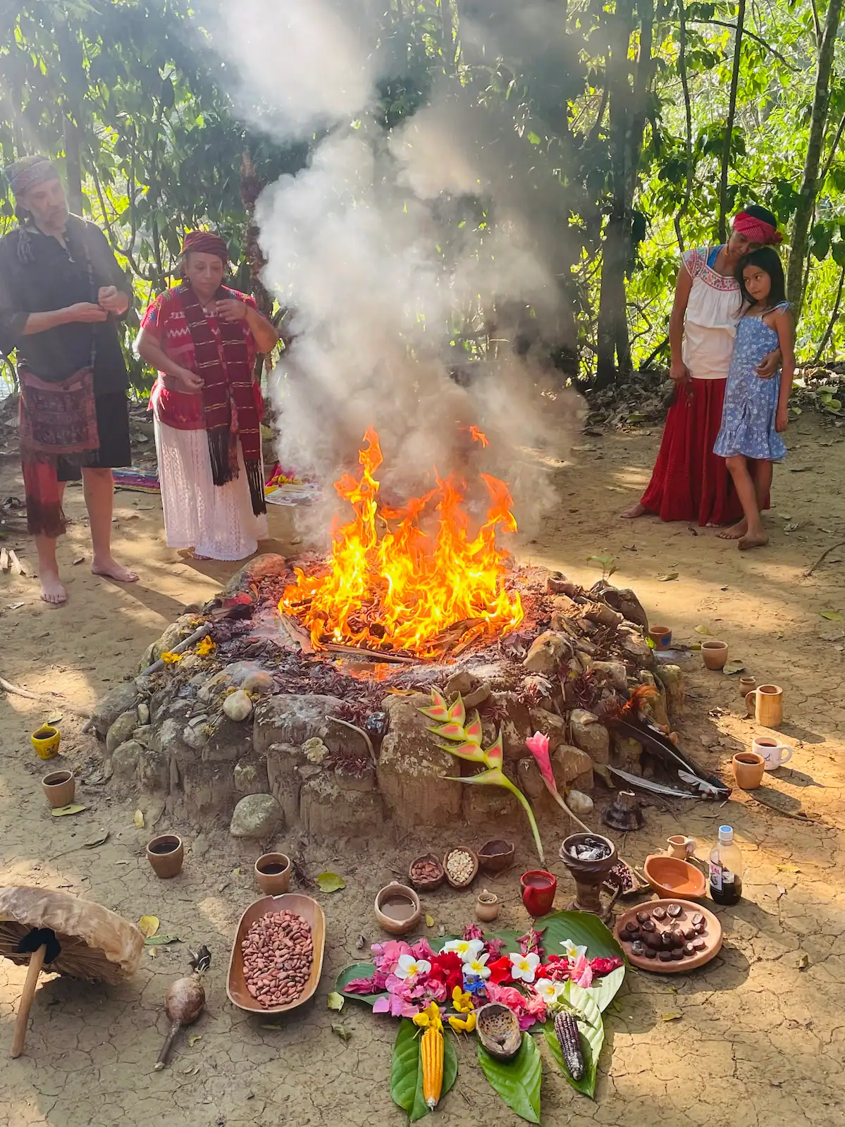 People gathered around a fire in a wooded setting